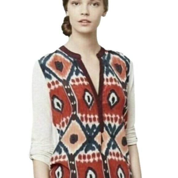 Anthropologie Tiny Womens Sima Ikat BOHO Top Medium Cream Red Aztec Mixed Media - Picture 2 of 9